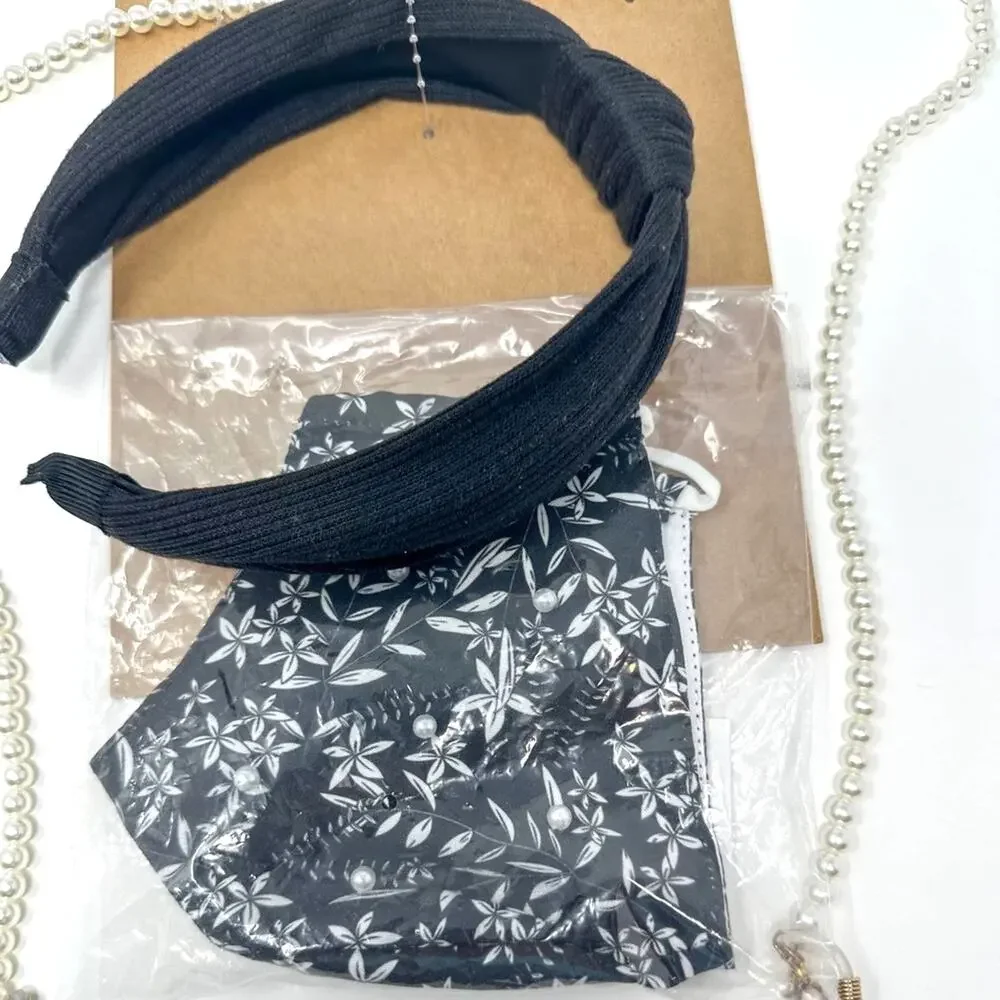 Berry Knotted Headband, Patterned Mask, and Pearl Mask Chain, Brand New